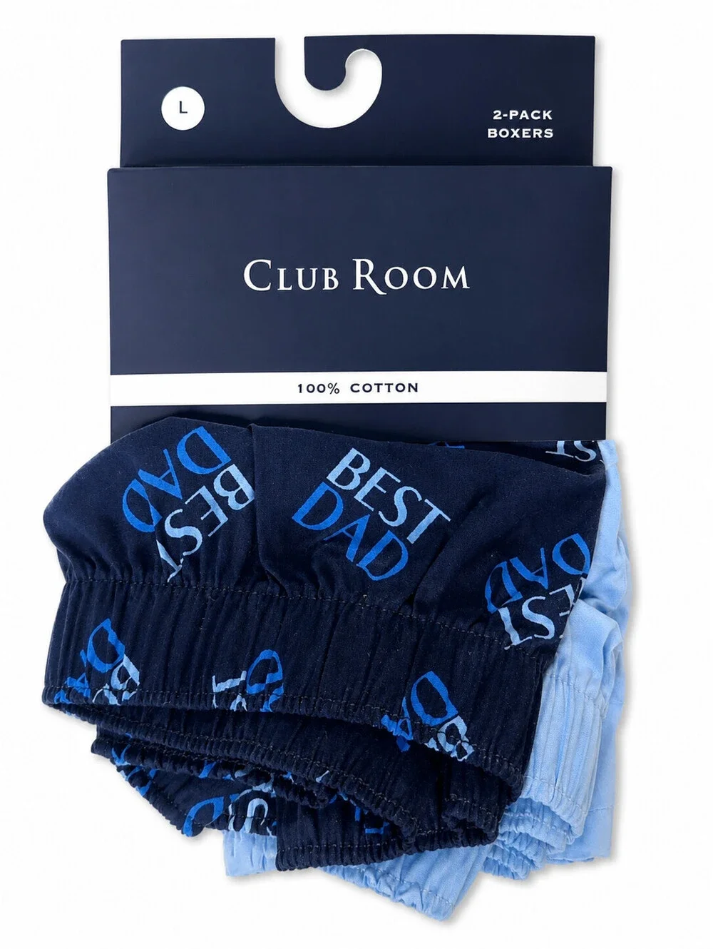 Club Room Men's 2-Pack Cotton Boxers Best Dad Print Navy & Lt Blue Size L NWT
